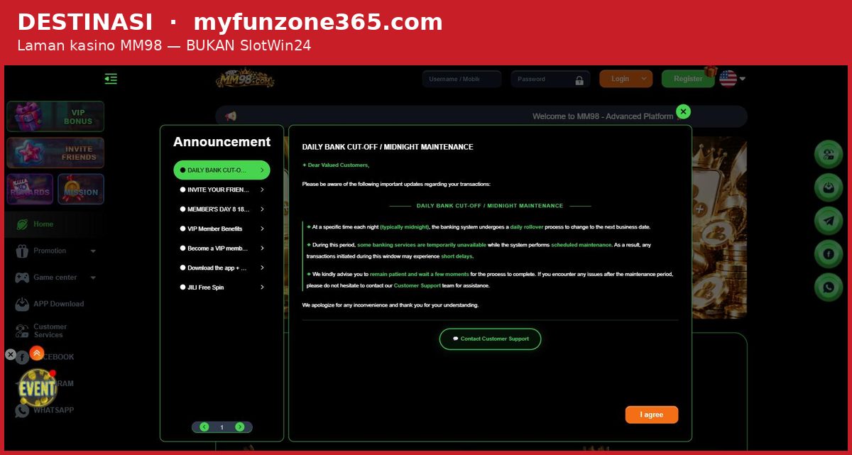 Butang daftar slotwin24.pro menghantar ke laman kasino MM98